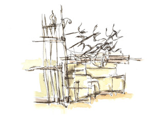 Muur met hekwerk, inkt en aquarel, serie Movement