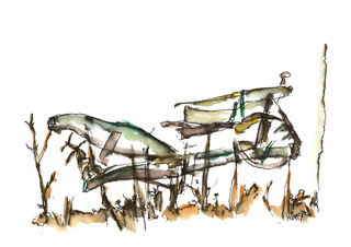 Kruiwagen, inkt en aquarel, serie Movement