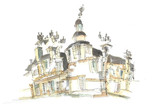 Kasteel rond, inkt en aquarel, serie Movement