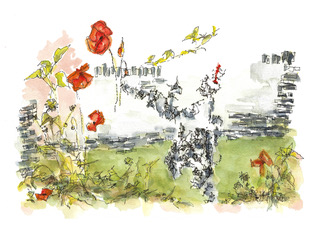 Klaproos en tuinmuur, inkt en aquarel, serie Movement