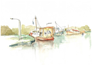 Boten, inkt en aquarel, serie Movement