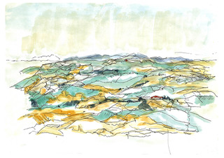 Berglandschap geel, inkt en aquarel, serie Nature