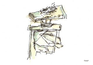 Parfum gekruld, inkt en aquarel, serie Parfume