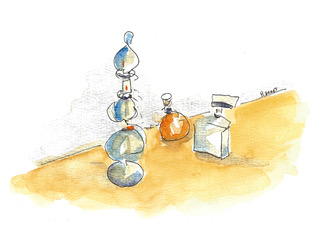 Parfum 3 stuks, inkt en aquarel, serie Parfume