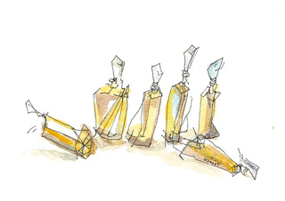 Parfum 6 stuks vallend, inkt en aquarel, serie Parfume